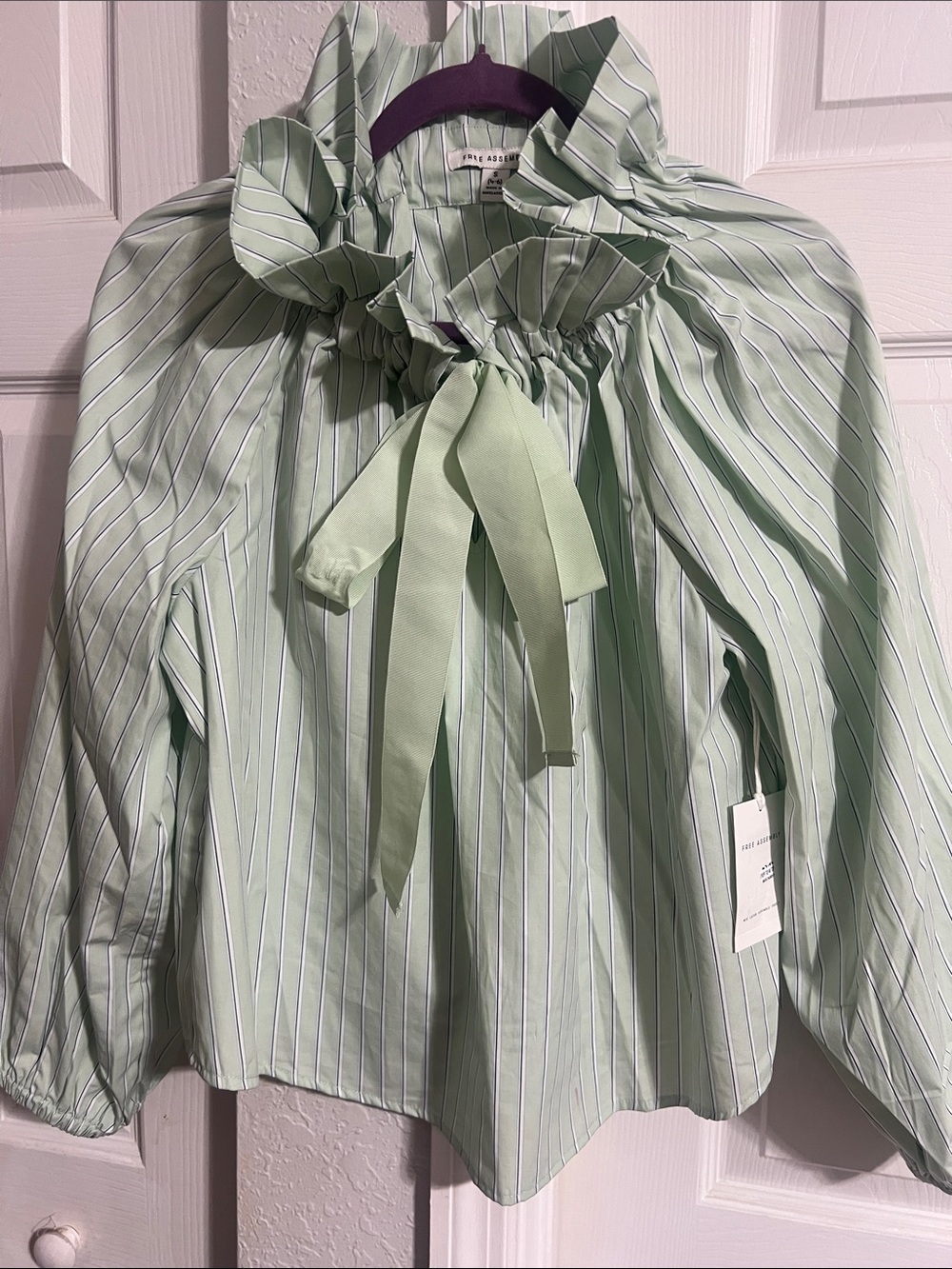 The Aveline Mint Green Striped Ruffle Tie-Blouse